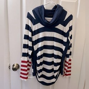 Blue & White Striped Long Sleeve Top w/ Red & White Sleeve, Rouching & Cowl Neck